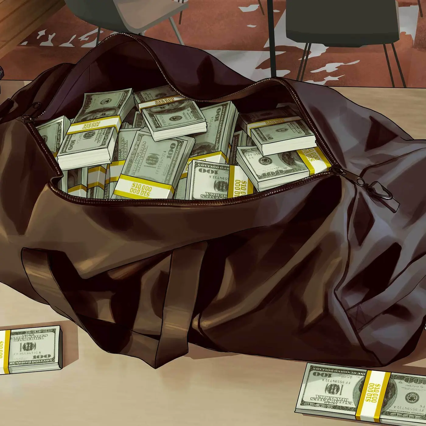 Un sac de sport ouvert débordant de liasses de billets de cent dollars sanglées, posé sur le sol dans GTA Online