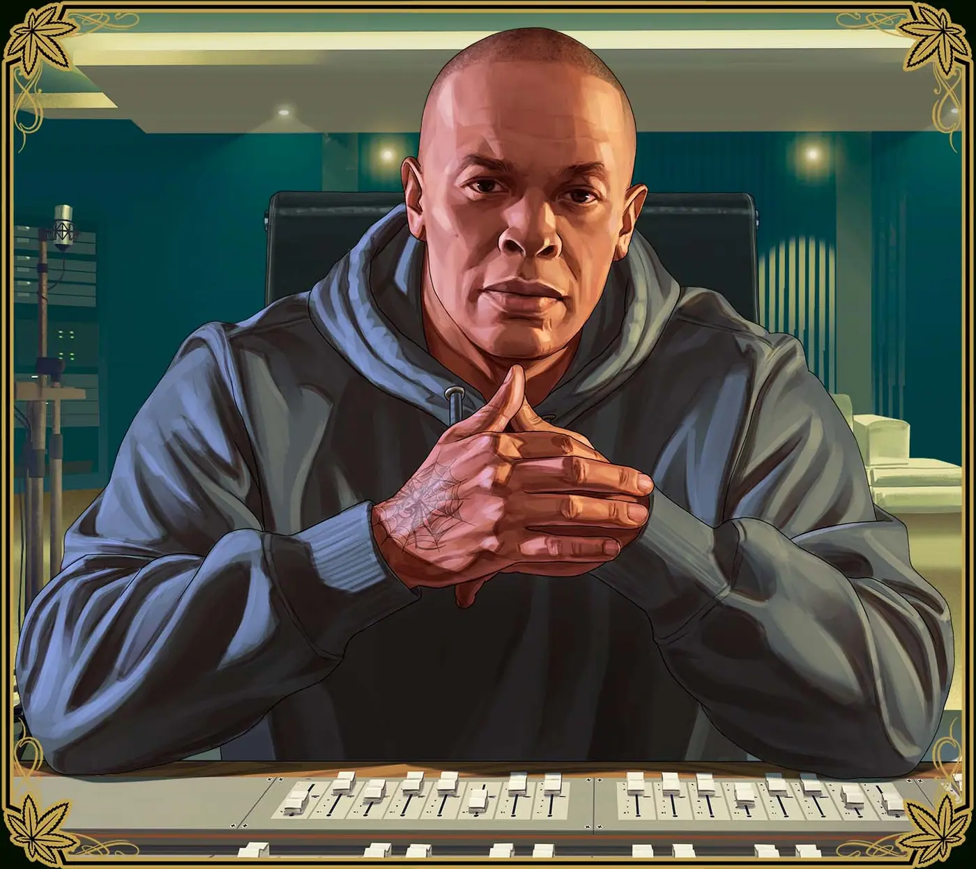 Illustration officielle de Dr. Dre dans un studio d'enregistrement, mains jointes devant une console de mixage, dans le style de GTA