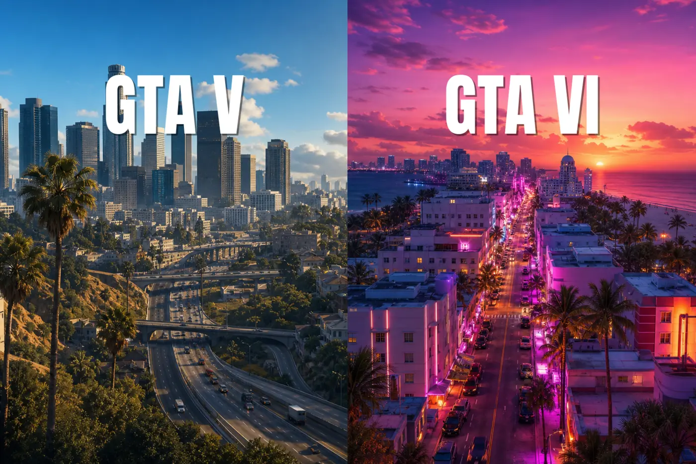Los Santos ensoleillé de GTA 5 à gauche, Vice City au néon de GTA VI à droite
