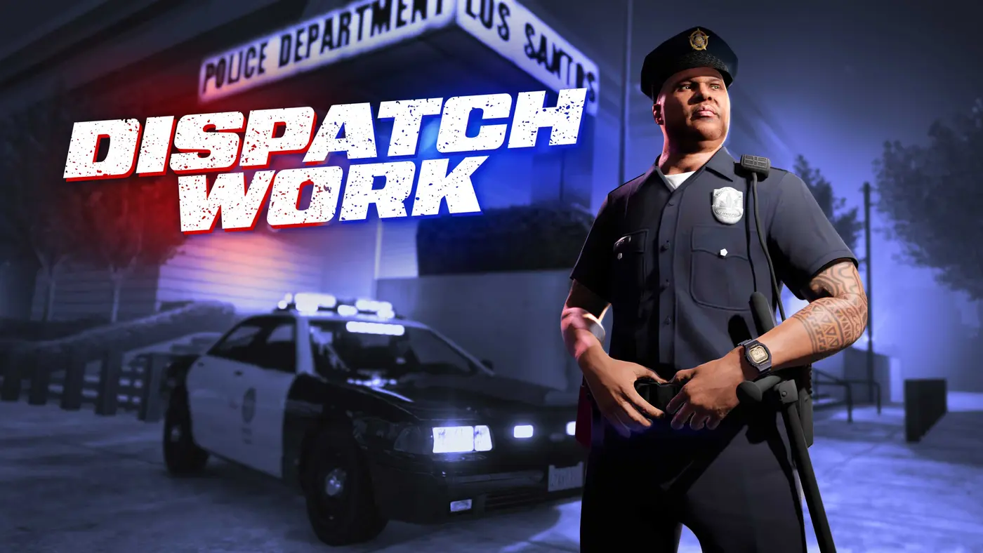Illustration officielle Dispatch Work de Bottom Dollar Bounties : l'officier Vincent Effenburger du LSPD, en uniforme sombre, se tient devant une voiture de patrouille et l'enseigne Police Department Los Santos éclairée en bleu et rouge