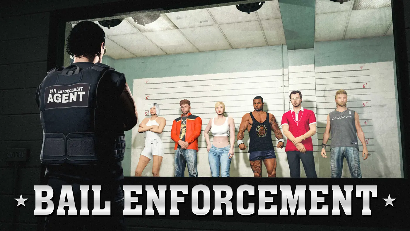 Illustration officielle Bottom Dollar Bounties : un agent de dos portant un gilet Bail Enforcement Agent observe un tapissage de six suspects alignés contre un mur gradué à travers une vitre sans tain, avec le mot Bail Enforcement en bas