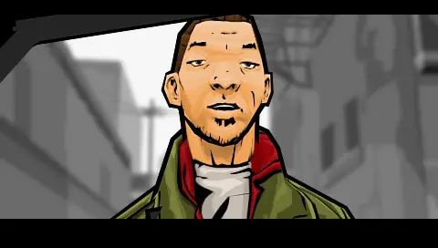 Portrait en gros plan de Huang Lee, jeune homme au bouc et veste verte à capuche rouge, dessiné en style comic-book aux contours noirs, dans une ruelle grise de GTA Chinatown Wars
