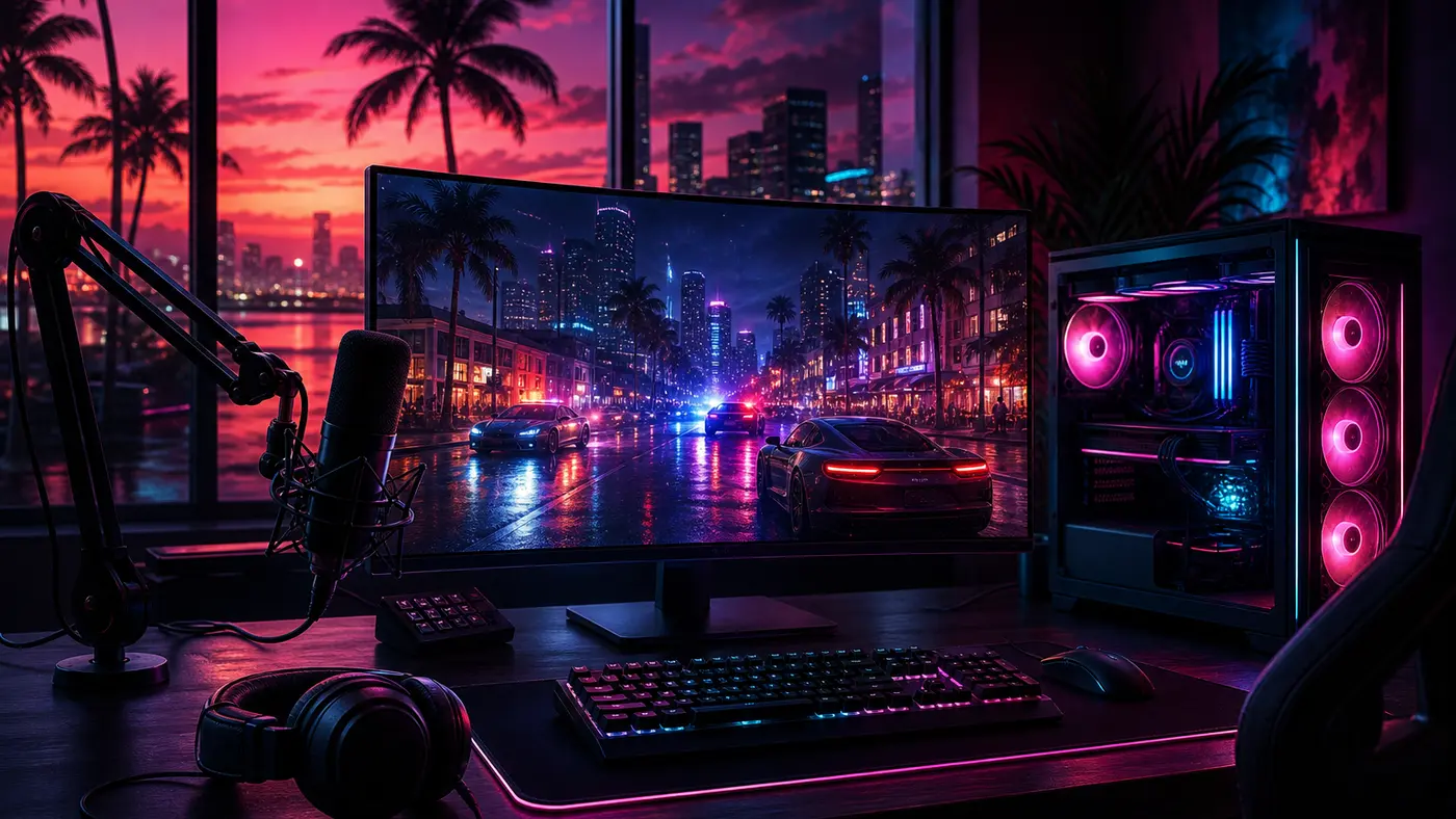 Setup PC gamer de nuit : tour RGB rose et bleue, micro sur bras articulé, casque, écran affichant une rue néon avec gyrophares de police, palmiers et coucher de soleil par la fenêtre, illustration