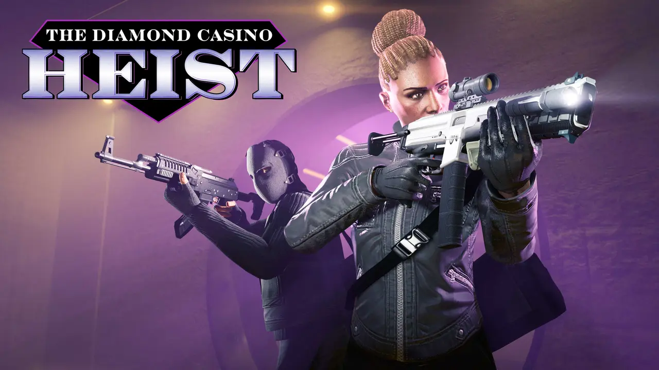 Visuel officiel du Diamond Casino Heist de GTA Online : deux braqueurs armés sous une lumière violette, une femme épaulant une carabine au premier plan et un homme masqué avec un fusil d'assaut derrière elle