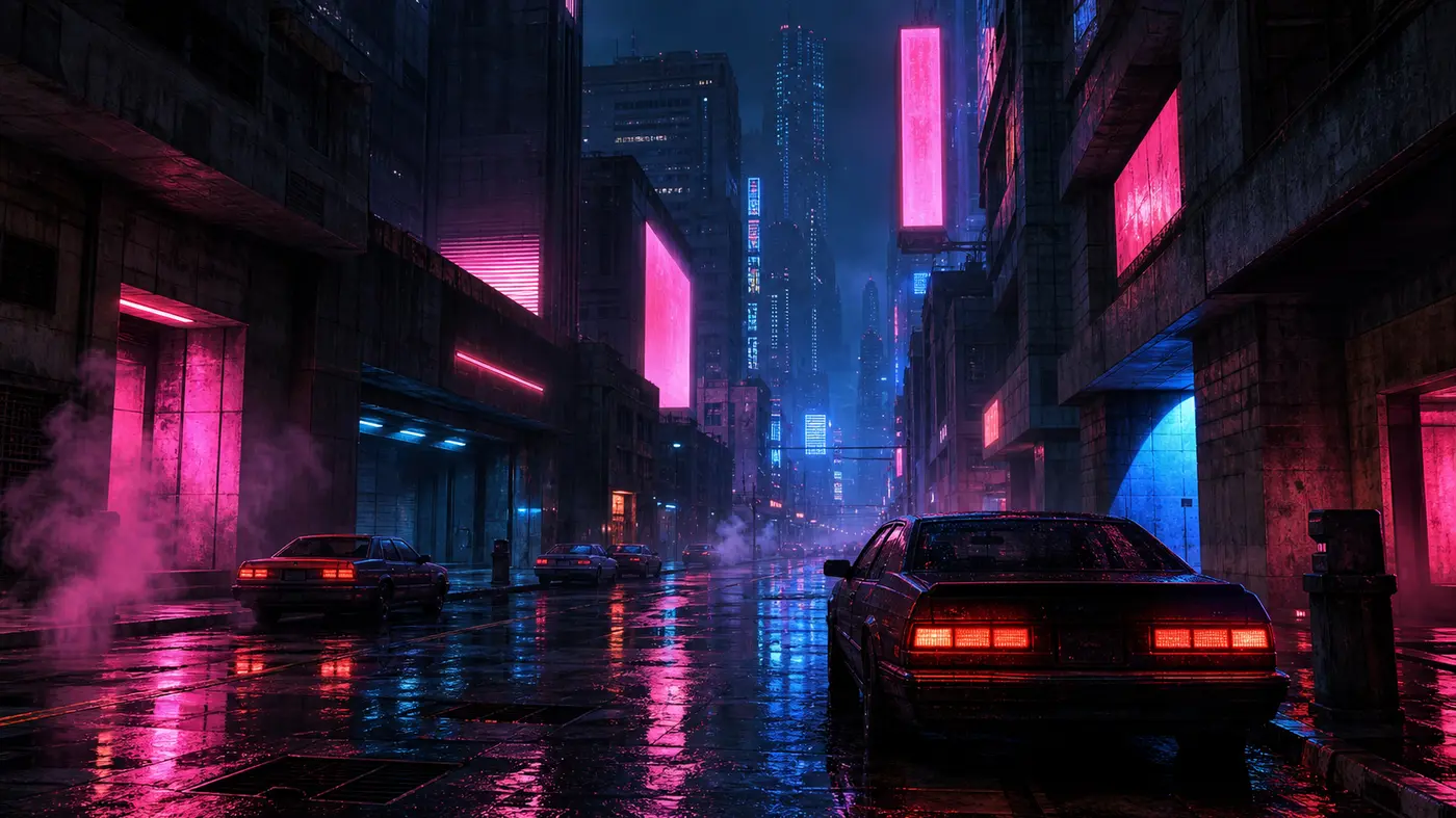 Rue nocturne rétro-futuriste aux néons roses et bleus, gratte-ciel sombres et voitures anciennes, évoquant l'ambiance d'Anywhere City dans GTA 2