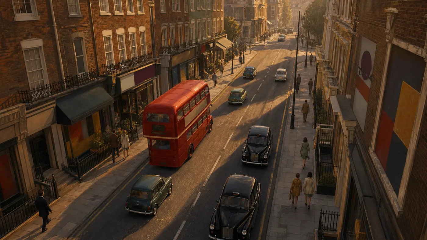 Rue du Londres de la fin des années 60 vue de dessus, avec taxis noirs, un bus rouge à impériale et de petites voitures anciennes, ambiance Swinging Sixties au ton sépia