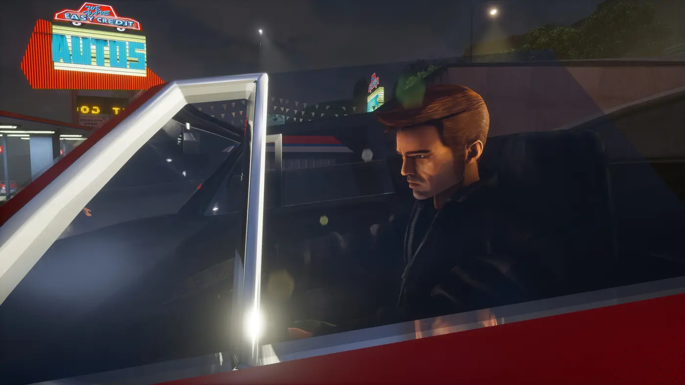 Claude, le protagoniste muet de GTA III, au volant d'une voiture la nuit sous une enseigne néon