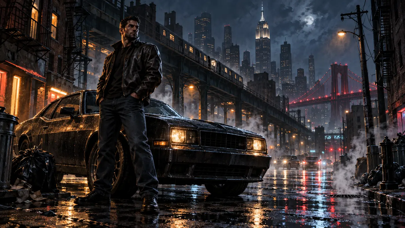 Anti-héros en blouson de cuir adossé à une berline sombre sur une rue pluvieuse et néon de Liberty City la nuit, métro aérien, pont suspendu rouge et gratte-ciels au loin, illustration façon key-art de polar
