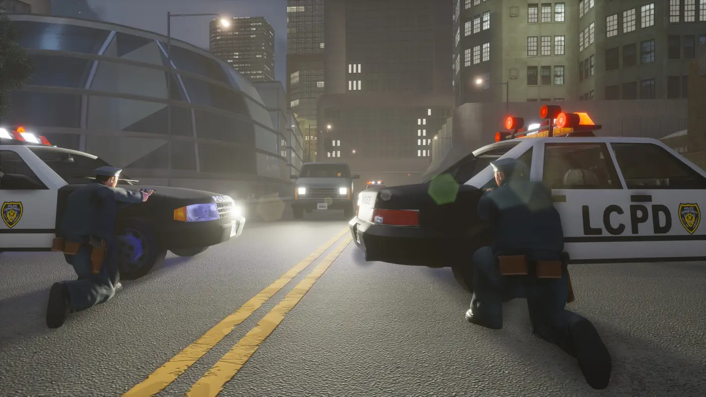 Fusillade nocturne entre la police LCPD et un véhicule dans une rue de Liberty City dans GTA III