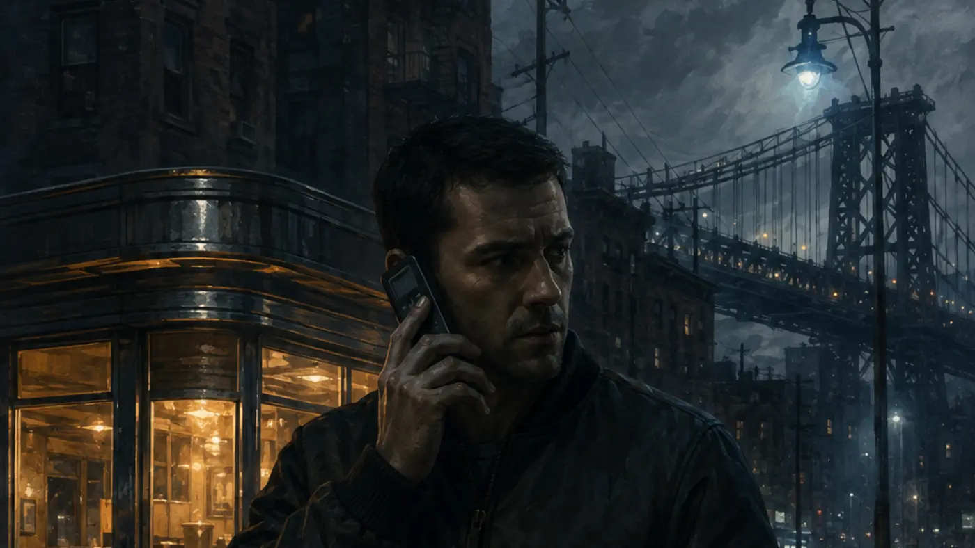 Homme en blouson sombre à un carrefour pluvieux de Liberty City la nuit, un vieux téléphone portable à l'oreille, vitrine de diner éclairée et pont d'acier suspendu au loin, illustration façon key-art de polar
