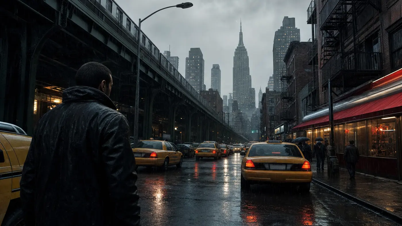Rue d'une métropole inspirée de New York sous la pluie, taxis jaunes, immeubles en brique et façades de magasins, ambiance grise et humide façon GTA IV