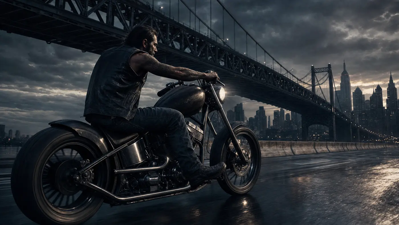 Motard en gilet de cuir sur un chopper traversant un long pont suspendu métallique au crépuscule au-dessus d'une ville inspirée de New York, ambiance sombre et pluvieuse façon GTA IV
