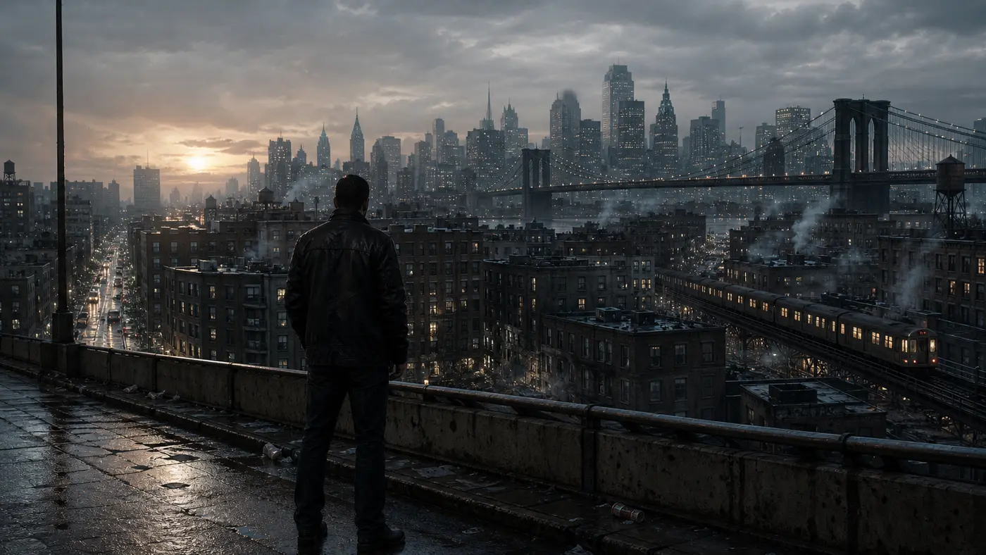 Homme en blouson de cuir sombre, de dos sur un pont sous la pluie, face à la skyline grise et dense d'une métropole inspirée de New York au crépuscule, ambiance noir urbain façon GTA IV