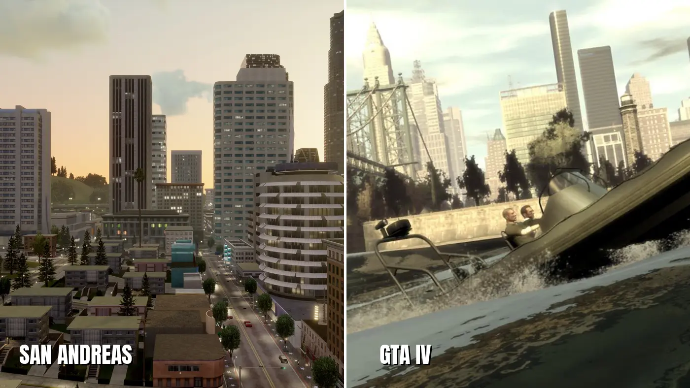 Diptyque comparant la skyline ensoleillée de Los Santos dans San Andreas et le Liberty City gris et brumeux de GTA IV