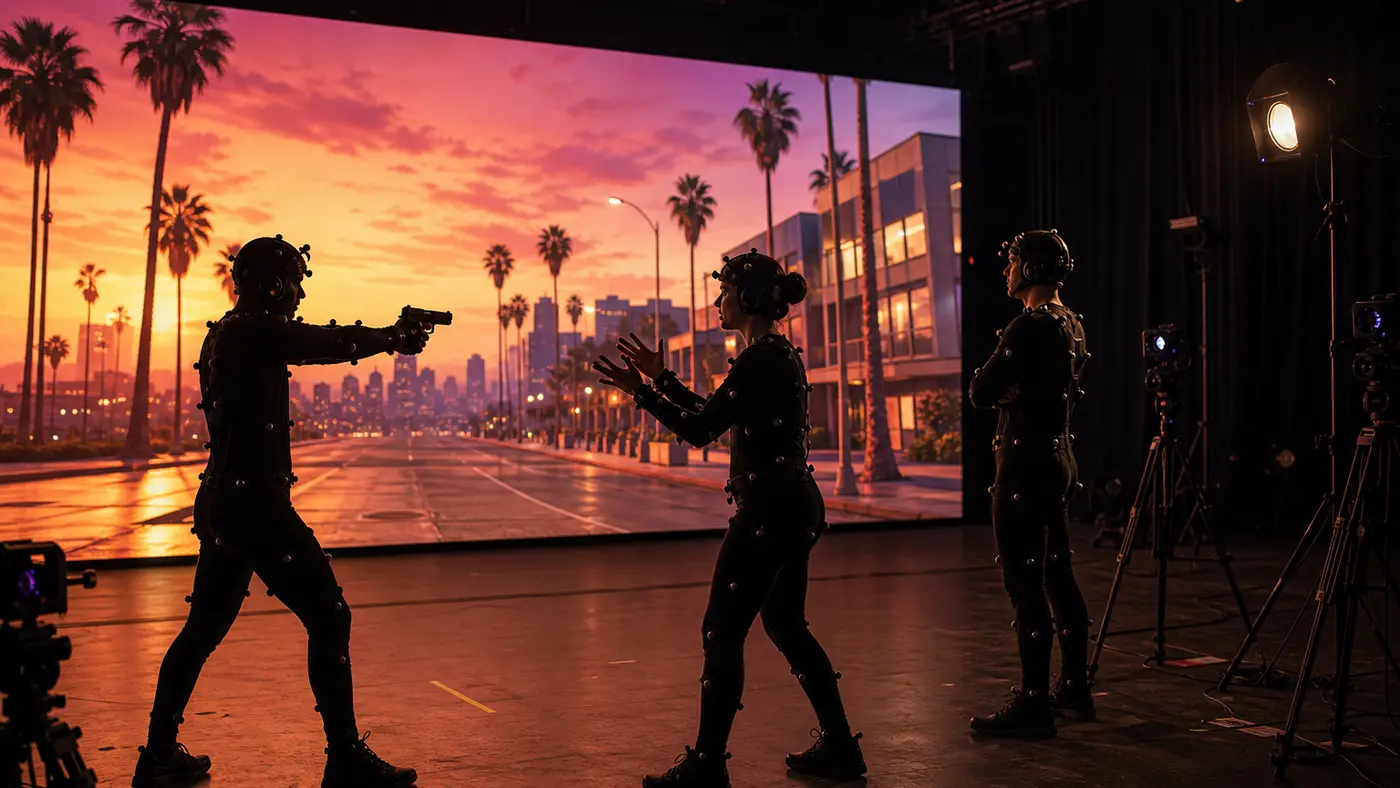 Illustration d'un plateau de performance capture : trois acteurs en combinaison de motion capture couverte de marqueurs jouent une scène devant un grand écran affichant une rue bordée de palmiers au coucher du soleil
