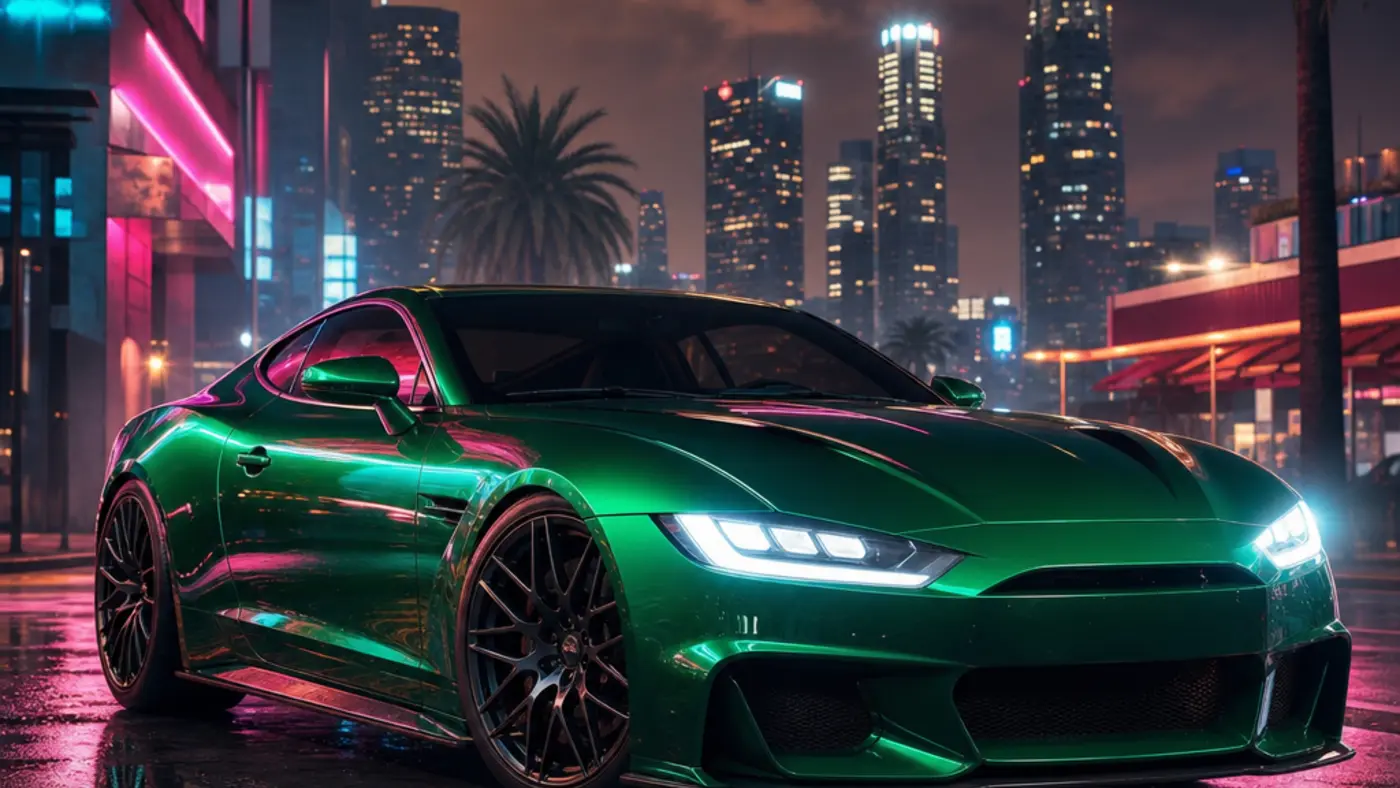 Illustration d'un coupé sport vert au long capot, inspiré de la Banshee GTS, filant sur une route côtière de Los Santos au crépuscule