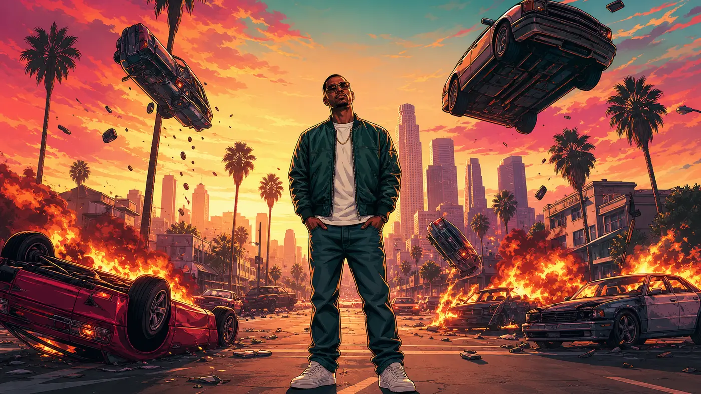 Personnage solitaire et invincible debout au milieu d'un carambolage de voitures en feu et de véhicules en apesanteur, au coucher de soleil sur une ville côtière façon Los Santos, illustration