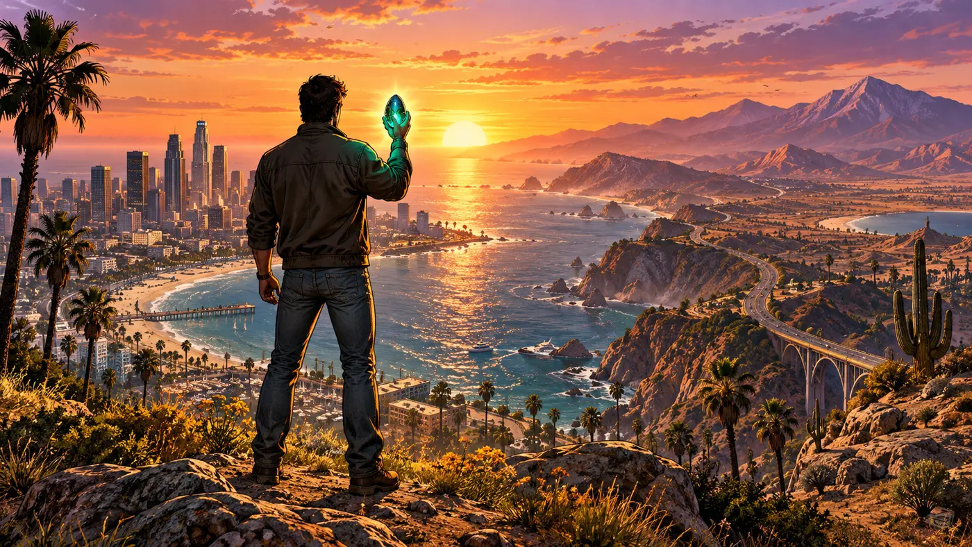 Illustration façon jaquette GTA : un aventurier de dos sur une falaise au coucher du soleil, dominant Los Santos et l'arrière-pays de San Andreas, une capsule lumineuse dans la main levée