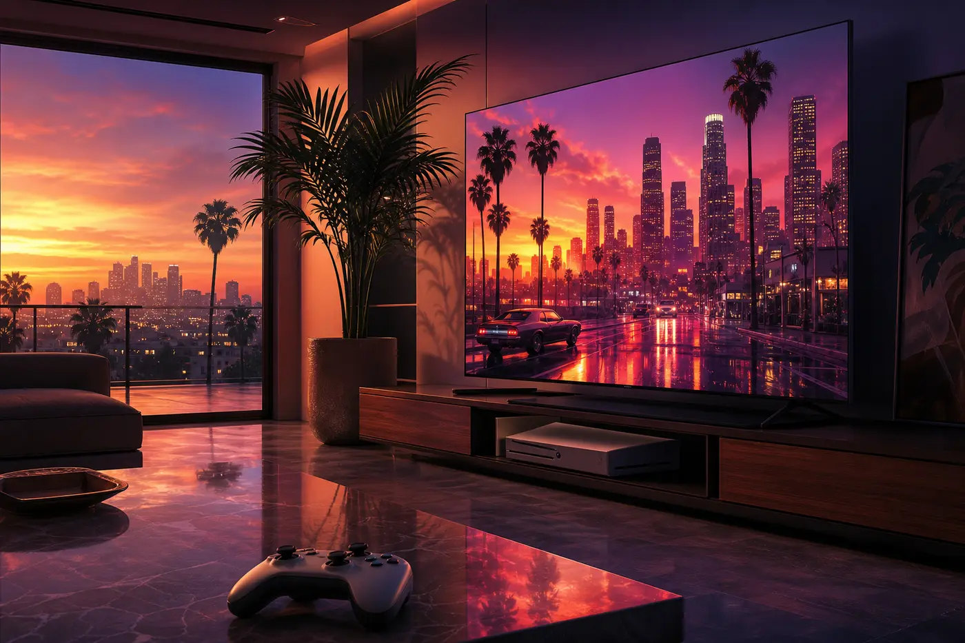 Illustration d'un salon moderne avec une console de jeu current-gen posée sous un grand téléviseur 4K qui affiche la skyline de Los Santos au coucher de soleil, reflets de néons sur le sol, manette au premier plan