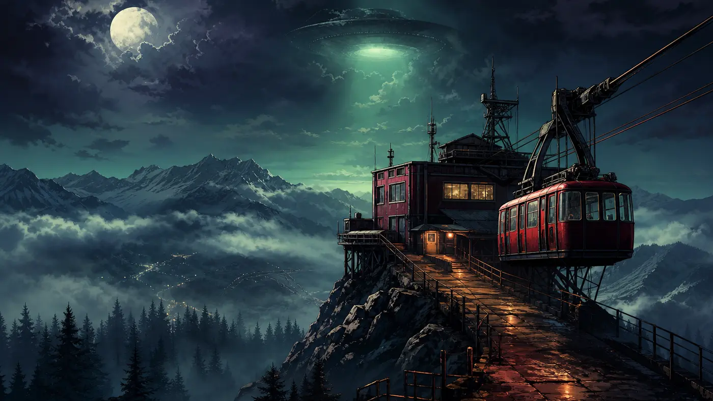 Illustration nocturne du sommet brumeux du Mont Chiliad dans GTA 5 : la station de téléphérique rouge perchée sur la crête, une mer de nuages sur la forêt en contrebas, pleine lune et lueur verdâtre d'une soucoupe diffuse dans le ciel d'orage