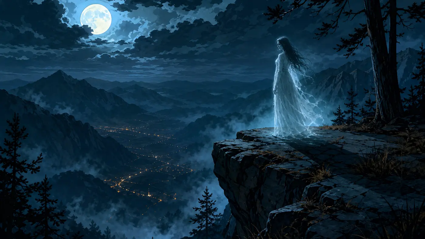 Illustration nocturne d'une silhouette féminine fantomatique en robe blanche, longs cheveux noirs, au bord d'une falaise brumeuse du Mont Gordo, pleine lune et lumières d'une vallée tout en bas