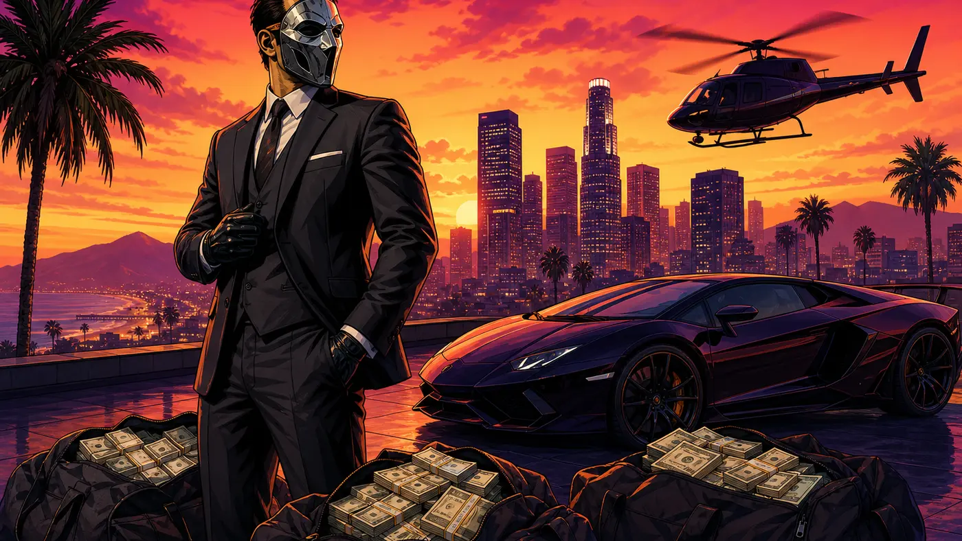 Illustration façon jaquette GTA : un braqueur en costume sur un toit de Los Santos au coucher du soleil, sacs de billets à ses pieds, supercar et hélicoptère en arrière-plan