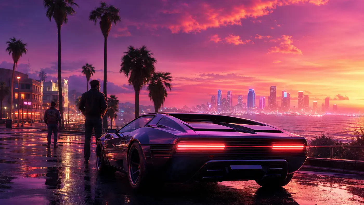 Illustration façon jaquette GTA : une supercar de luxe garée de trois-quarts arrière sur une avenue côtière mouillée d'une ville façon Los Santos la nuit, palmiers et reflets sur l'asphalte, et au loin une skyline néon façon Vice City qui s'illumine sous un ciel crépusculaire orange et violet