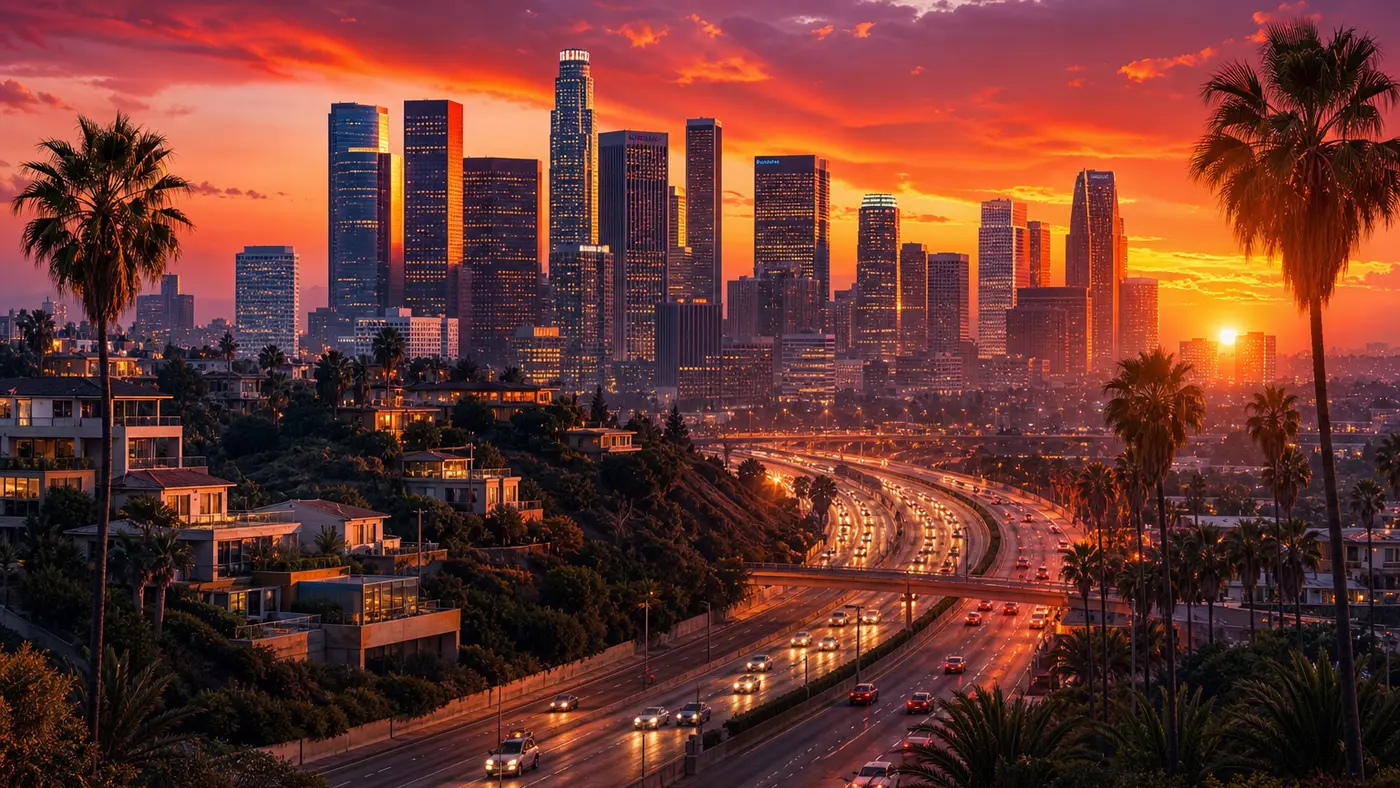 Illustration de la skyline moderne de Los Santos au coucher de soleil, gratte-ciel du centre, collines de Vinewood en arrière-plan, autoroute et palmiers au premier plan, ambiance 2013