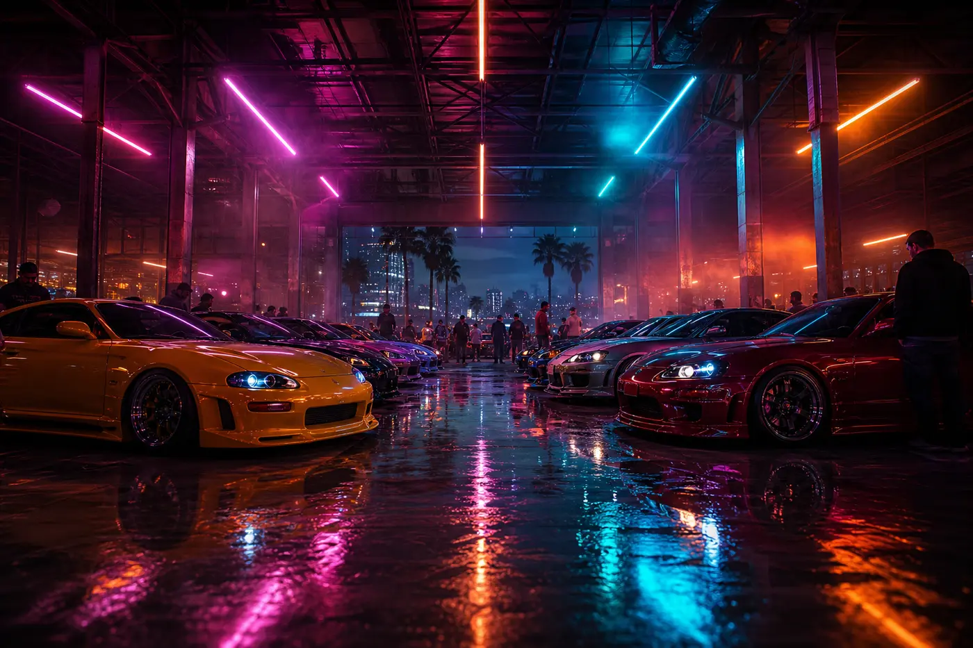 Vue d'un rassemblement de voitures tunées la nuit dans un entrepôt de Los Santos, deux rangées de sportives sous des néons magenta et cyan, sol mouillé réfléchissant, façon LS Car Meet