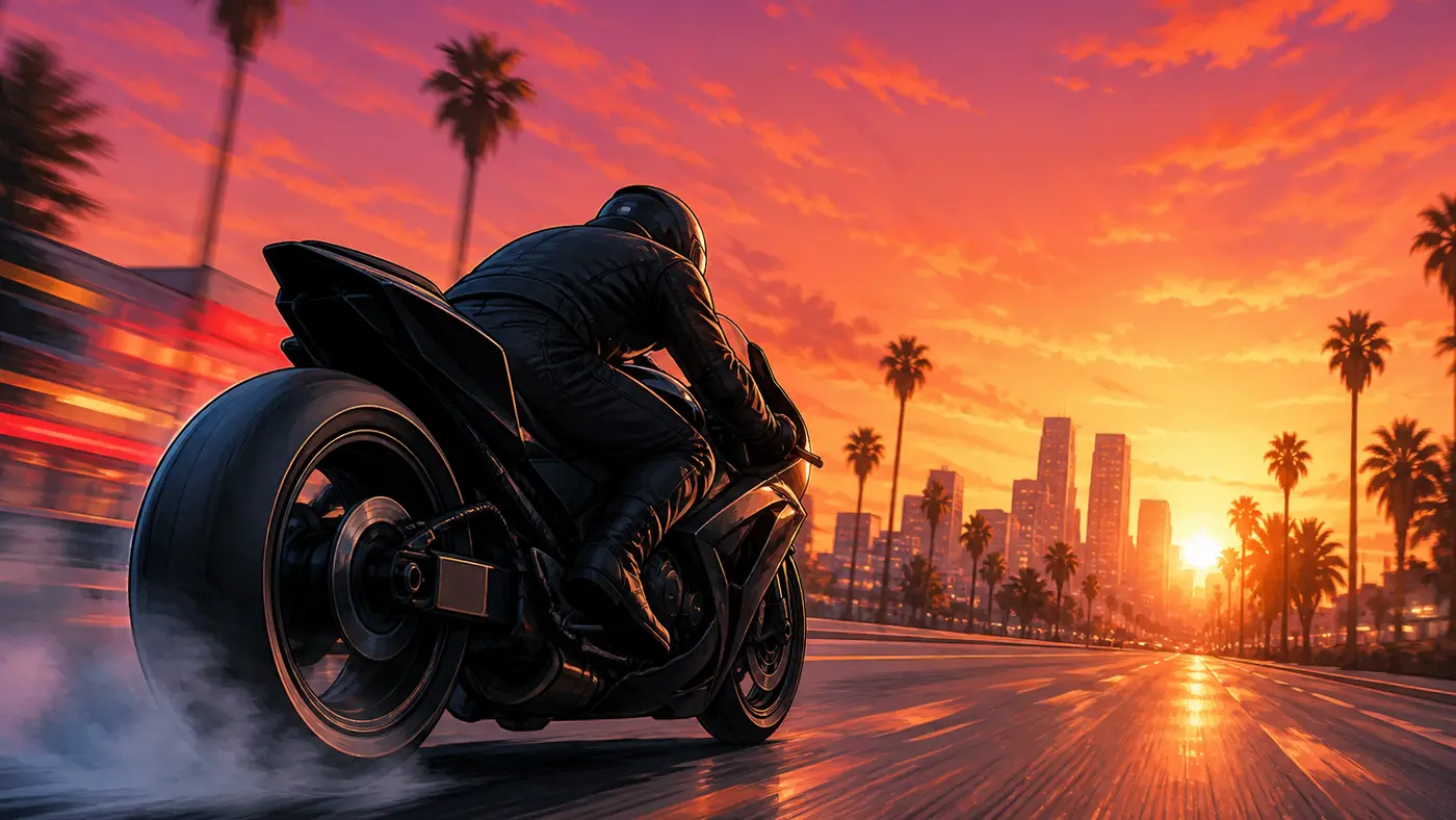 Illustration façon jaquette GTA : un motard penché sur une moto sport noire lâchée à pleine vitesse sur un boulevard de Los Santos bordé de palmiers, gratte-ciel et coucher de soleil orange et violet en arrière-plan