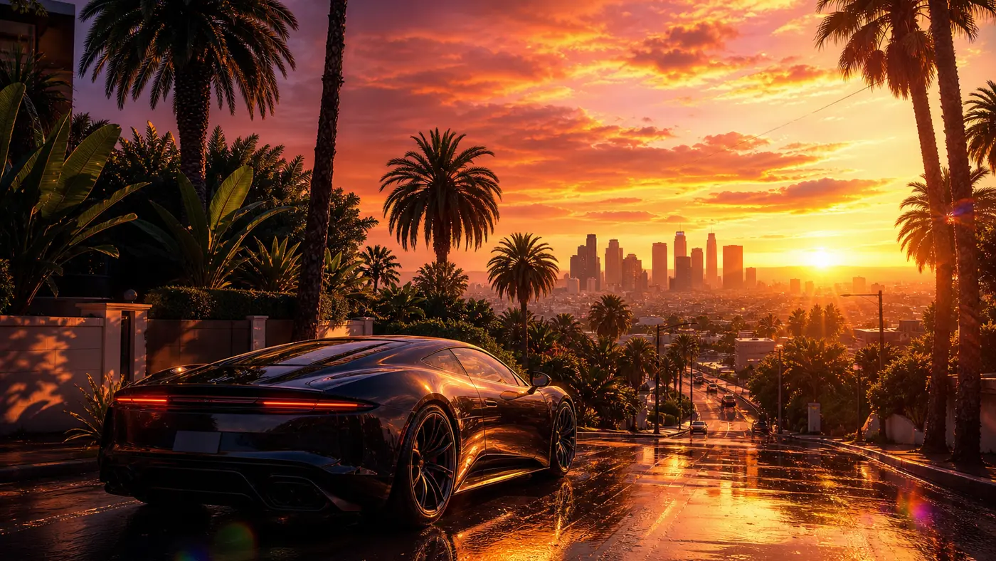 Illustration façon jaquette GTA d'un boulevard de Los Santos photoréaliste au coucher du soleil, palmiers et reflets mouillés sur l'asphalte, voiture de sport à l'arrêt, ciel orangé et néons, rendu hyperdétaillé évoquant un mod graphique