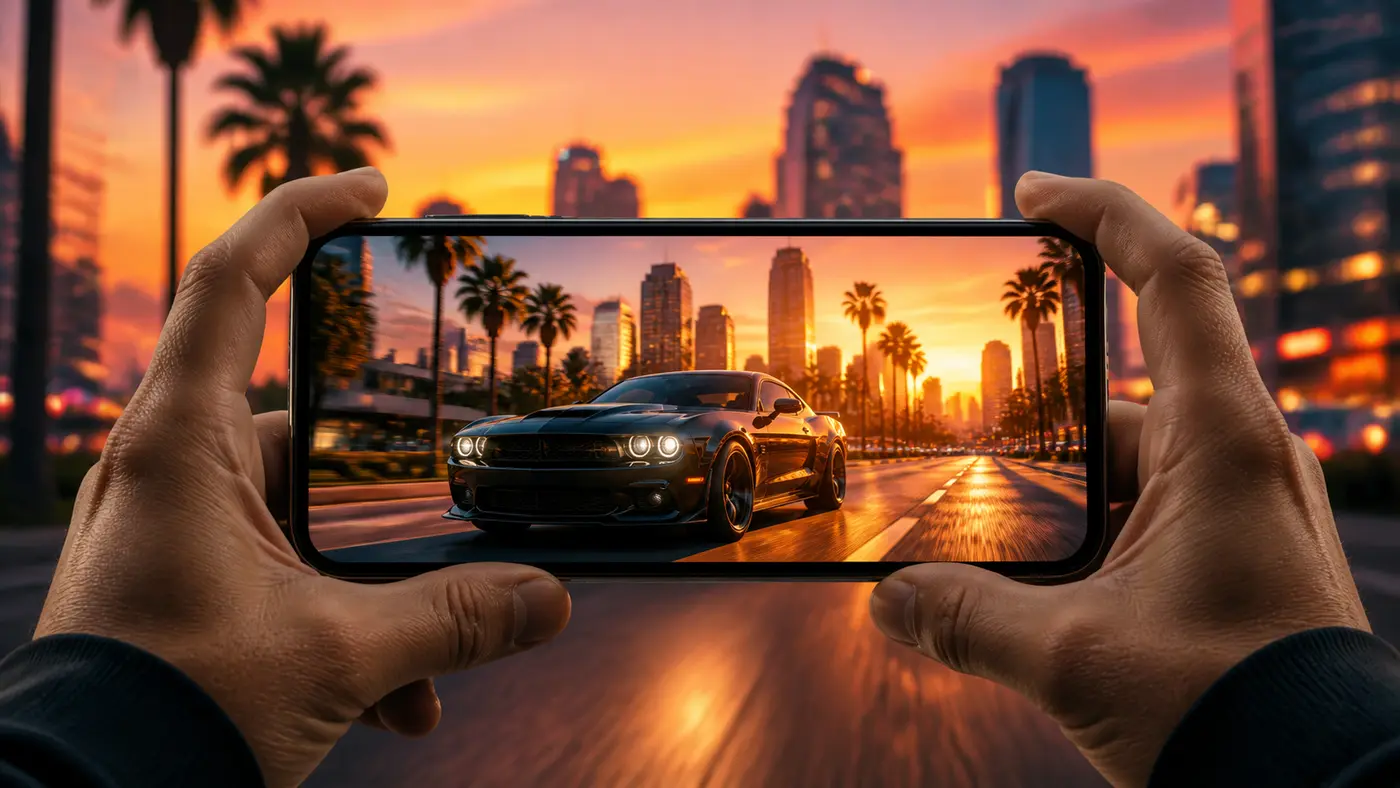 Illustration façon GTA : un smartphone tenu en mode paysage affiche une ville californienne ensoleillée avec palmiers et voiture de sport, au coucher du soleil