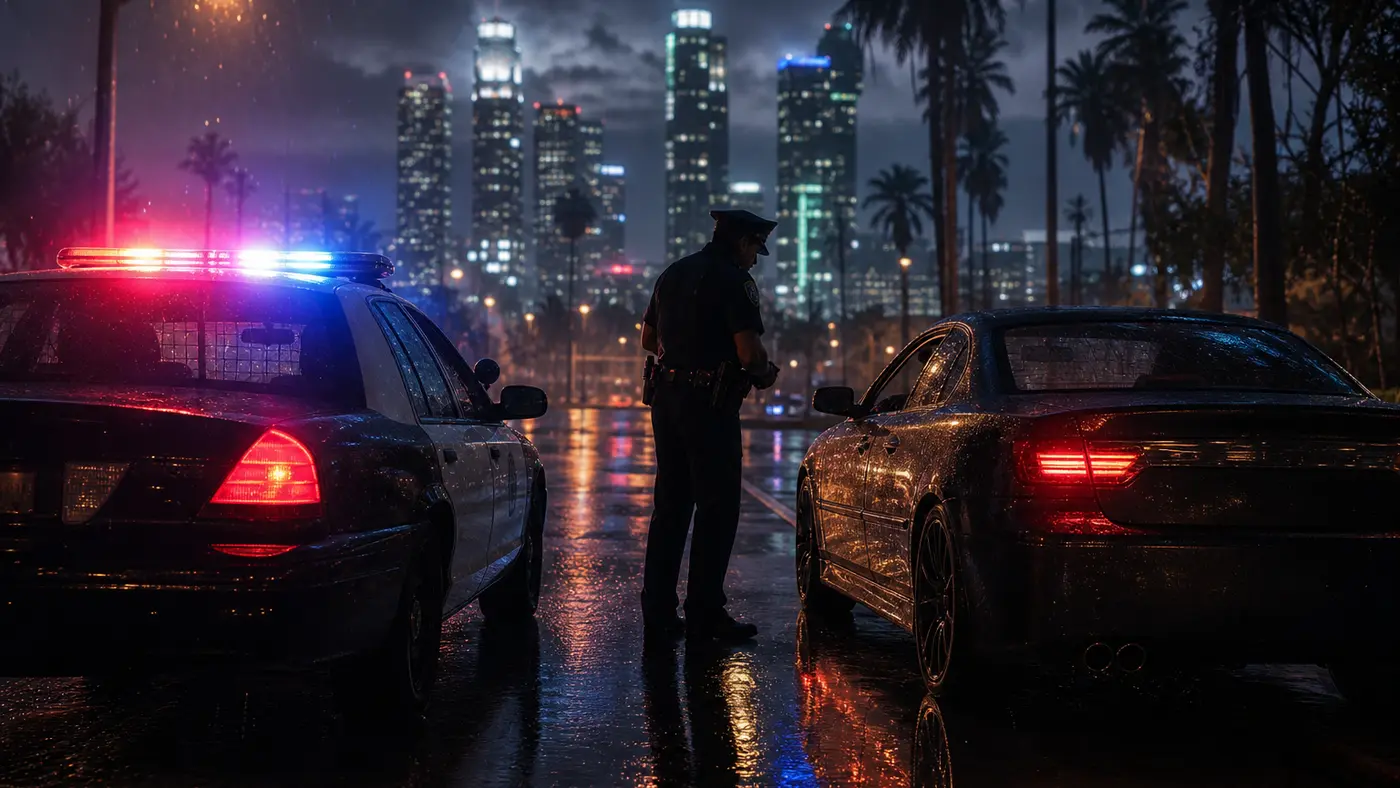 Illustration d'une scène de roleplay policier de nuit dans une rue de Los Santos, voiture de patrouille gyrophares allumés, agent contrôlant un véhicule, ambiance cinématographique sans logo lisible
