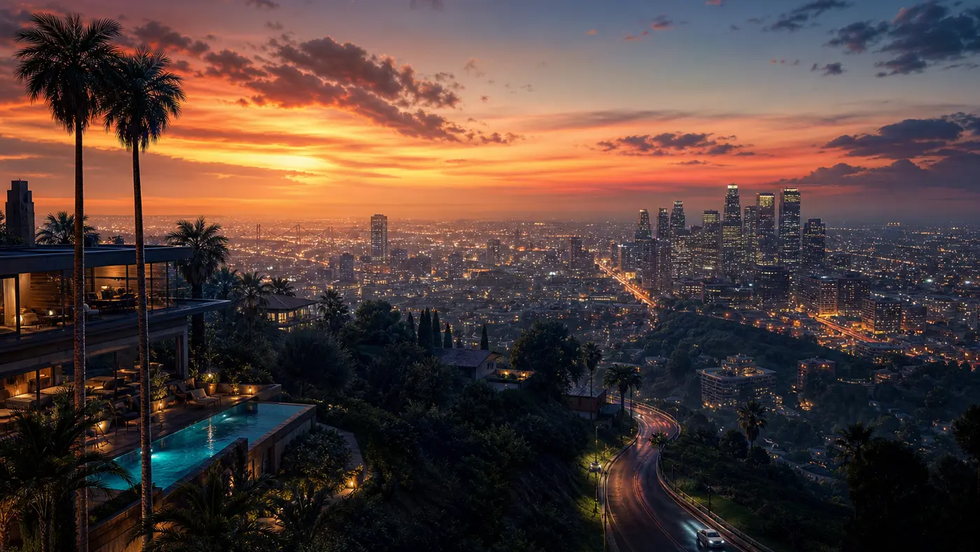 Illustration d'une vue photoréaliste des collines de Vinewood au crépuscule, végétation luxuriante, reflets et éclairage cinématographique, façon mod graphique haut de gamme de GTA 5