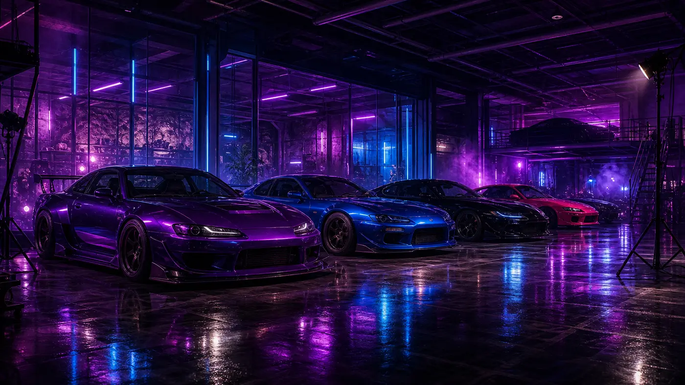Illustration façon jaquette GTA d'un garage souterrain baigné de néons violets et bleus, plusieurs voitures de sport personnalisées alignées, ambiance studio et création, sol qui reflète les lumières