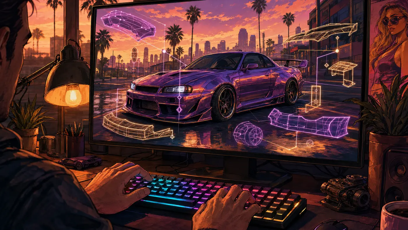 Atelier de modding stylisé, mains sur un clavier rétroéclairé devant un écran montrant des dossiers de fichiers de jeu et un véhicule en cours de personnalisation dans Los Santos, ambiance néon GTA