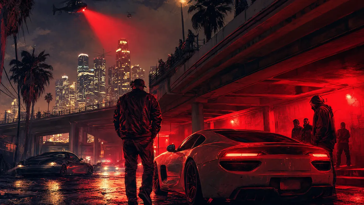 Écran de jeu Los Santos baigné d'une lumière rouge d'avertissement, symbole d'interdiction stylisé évoquant le bannissement en ligne, ambiance dramatique façon GTA