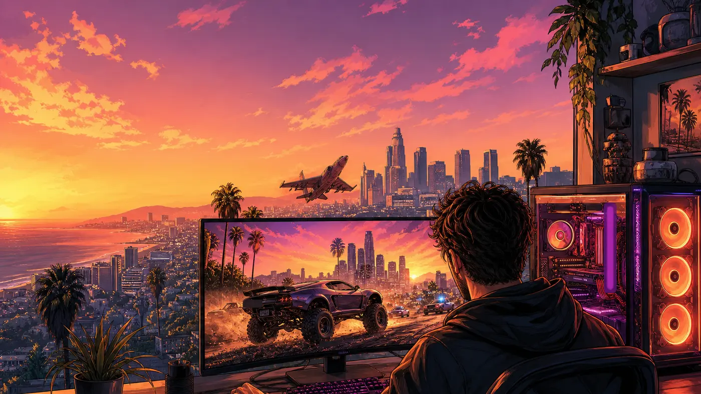 Setup PC gamer vu de dos, tour custom et grand écran affichant un Los Santos stylisé en plein chaos modé sous un coucher de soleil violet et orange, illustration façon jaquette GTA