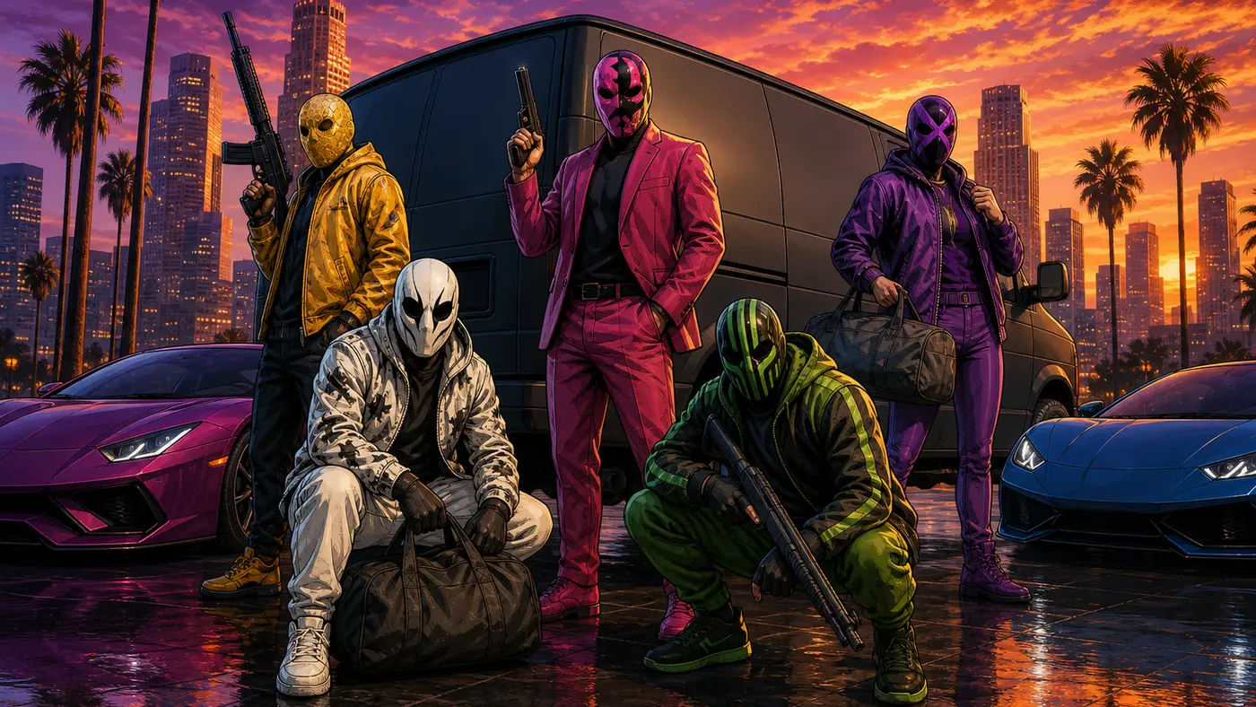 Illustration façon GTA : un équipage de braqueurs masqués devant un fourgon blindé et des supercars, au coucher du soleil sur Los Santos