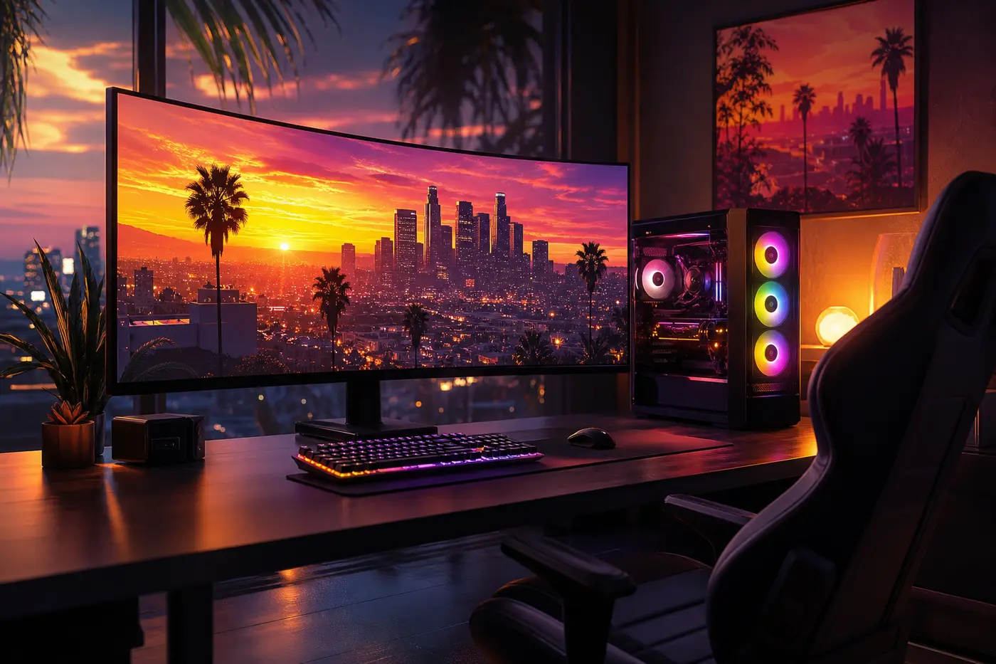 Illustration d'un poste de PC gamer avec écran ultra-large affichant une version de Los Santos aux graphismes photoréalistes au coucher de soleil, clavier rétroéclairé et tour aux ventilateurs colorés