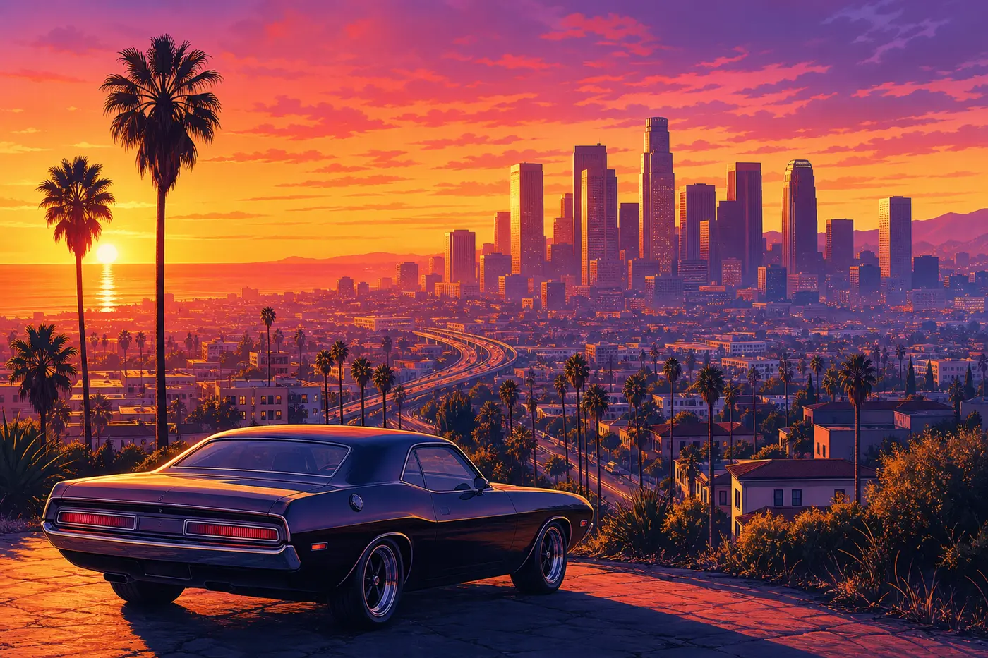 Vue panoramique d'une ville façon Los Santos au coucher du soleil, gratte-ciels du centre-ville, palmiers et une muscle car garée sur un belvédère