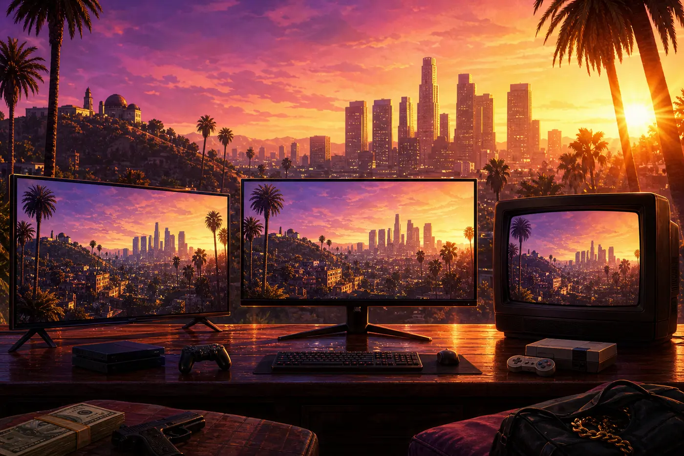 Illustration façon jaquette GTA : la skyline de Los Santos au coucher de soleil orangé, au premier plan trois écrans alignés affichant la ville, un téléviseur de salon, un moniteur de PC gamer et un écran plus ancien, ambiance Vinewood néon