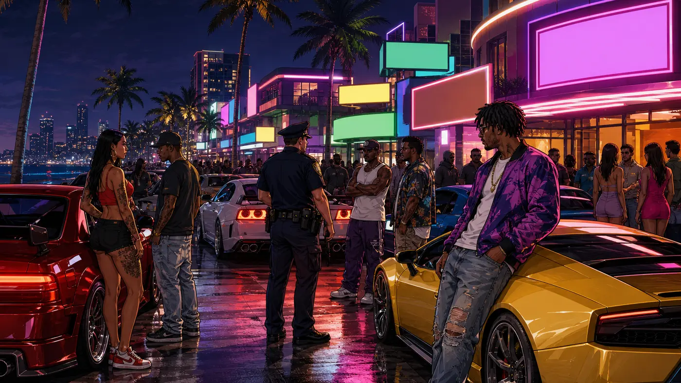 Illustration façon GTA : scène de rue nocturne d'un quartier de Los Santos, personnages variés et policier, néons et voitures, ambiance jeu de rôle communautaire