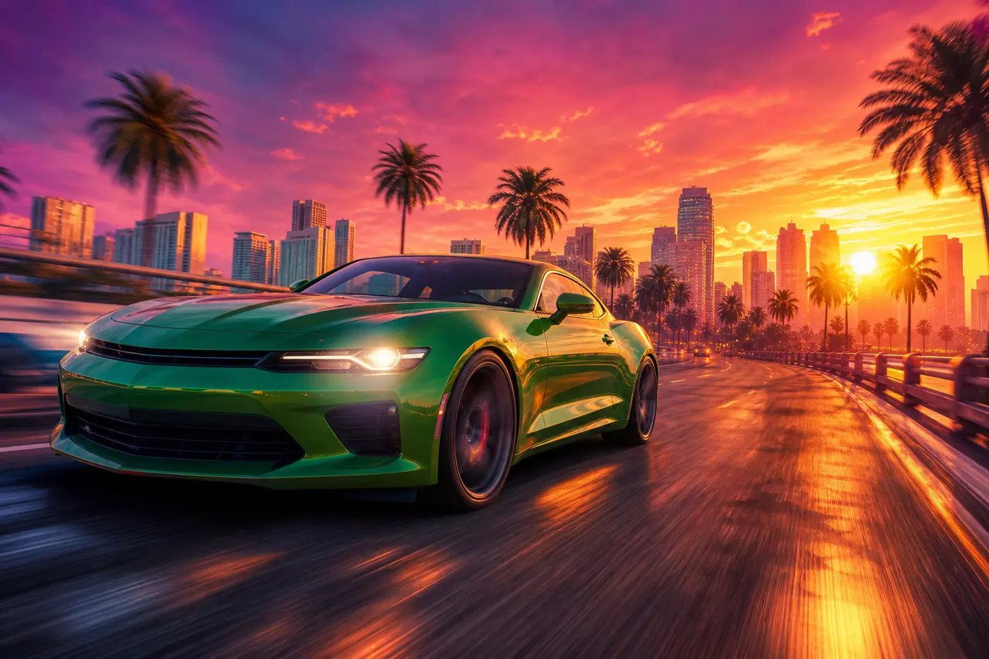 Illustration façon jaquette GTA : un coupé sport vert file à pleine vitesse sur une autoroute de Los Santos au coucher du soleil, flou de vitesse et palmiers en arrière-plan, ciel orangé