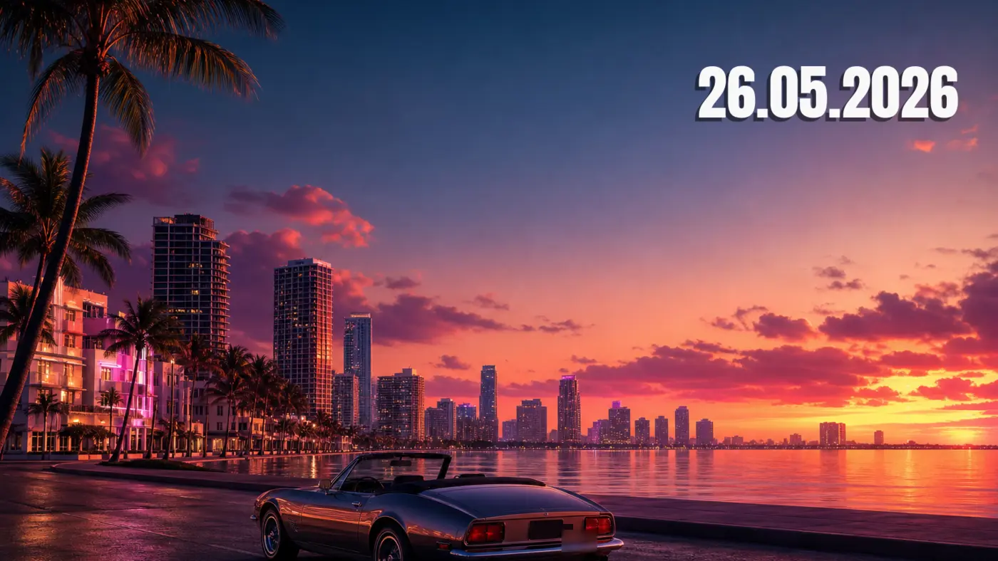 Skyline de Vice City au crépuscule, gratte-ciels et palmiers baignés de néons roses et orangés, une décapotable garée au premier plan, avec la date 26 mai 2026 incrustée, dans l'univers de GTA VI