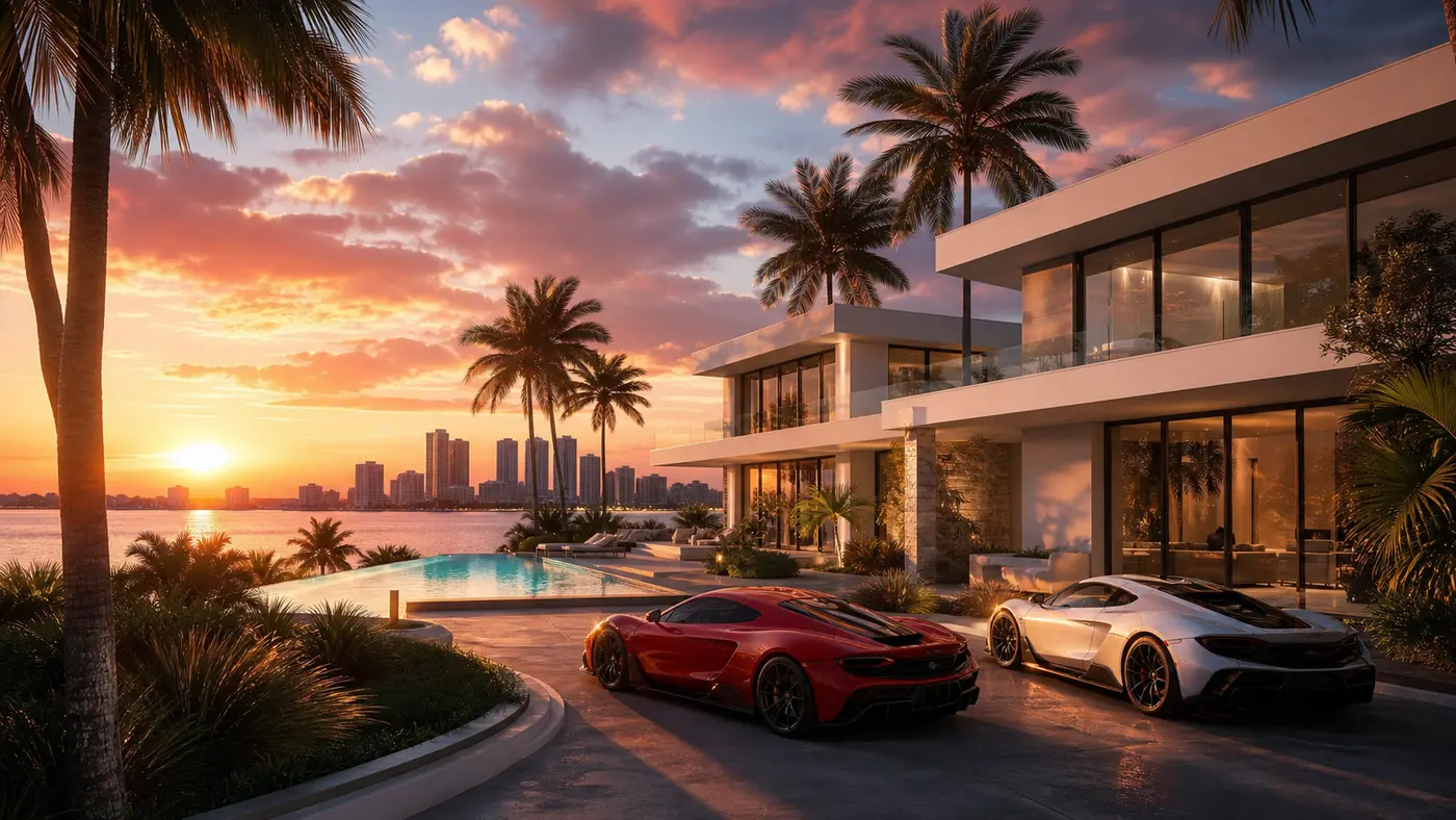 Villa de luxe moderne au bord de l'eau à Vice City dans le style de GTA VI, grandes baies vitrées, piscine à débordement turquoise, palmiers, deux voitures de sport garées dans l'allée, coucher de soleil rose et orange sur l'océan