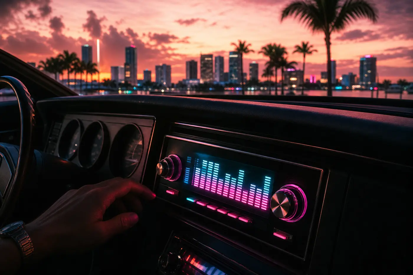 Autoradio rétro éclairé sur le tableau de bord d'une voiture, néons de Vice City flous à travers le pare-brise au coucher de soleil, façon GTA VI