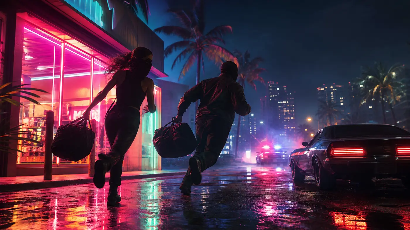 Illustration de deux braqueurs masqués et cagoulés, sacs à la main, quittant une devanture au néon de Vice City la nuit, gyrophares rouges au loin
