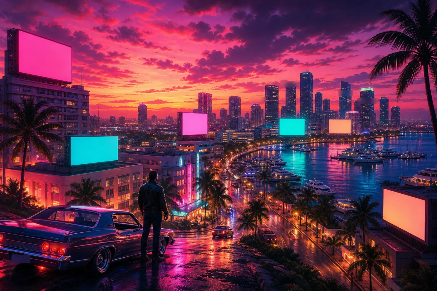 Métropole côtière façon Vice City au coucher de soleil, ciel rose et turquoise néon, gratte-ciel Art déco et palmiers au bord de l'eau ; au premier plan une silhouette d'homme près d'une voiture américaine classique contemple la ville surmontée de plusieurs grands panneaux publicitaires lumineux vierges