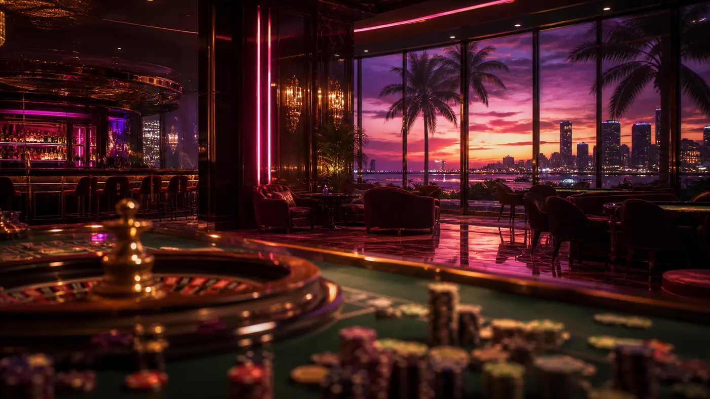 Salle de casino baignée de néons roses et dorés dans le style de GTA VI, une roulette et des piles de jetons multicolores sur un tapis vert au premier plan, un bar en arrière-plan et de grandes baies vitrées ouvrant sur une skyline de Miami au coucher de soleil violet et orangé avec des palmiers